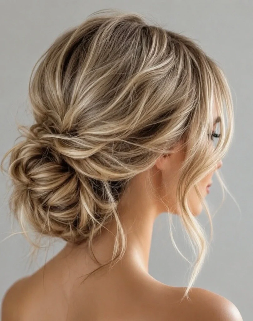 Soft, low bridal updo with loose face-framing pieces