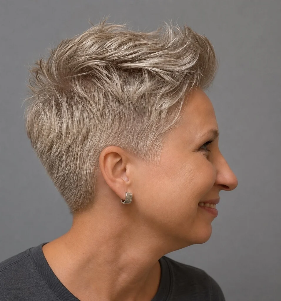 Short, textured ash blonde pixie cut, seen in profile