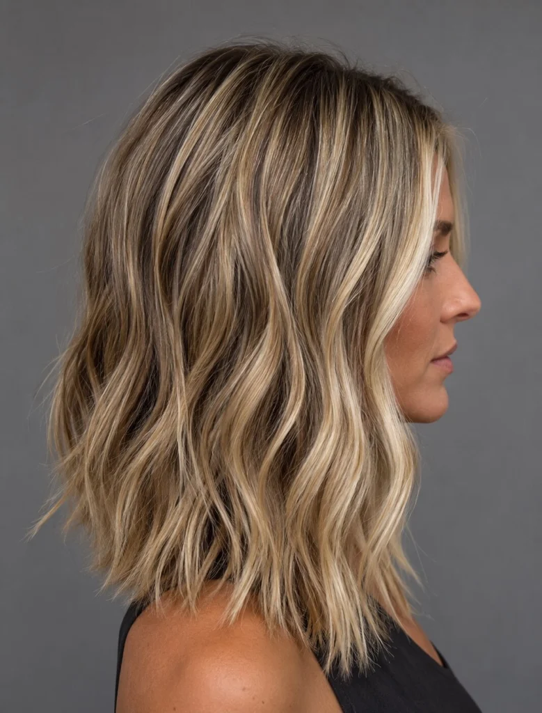 Shoulder-length waves with bright blonde hi-lites, seen in profile
