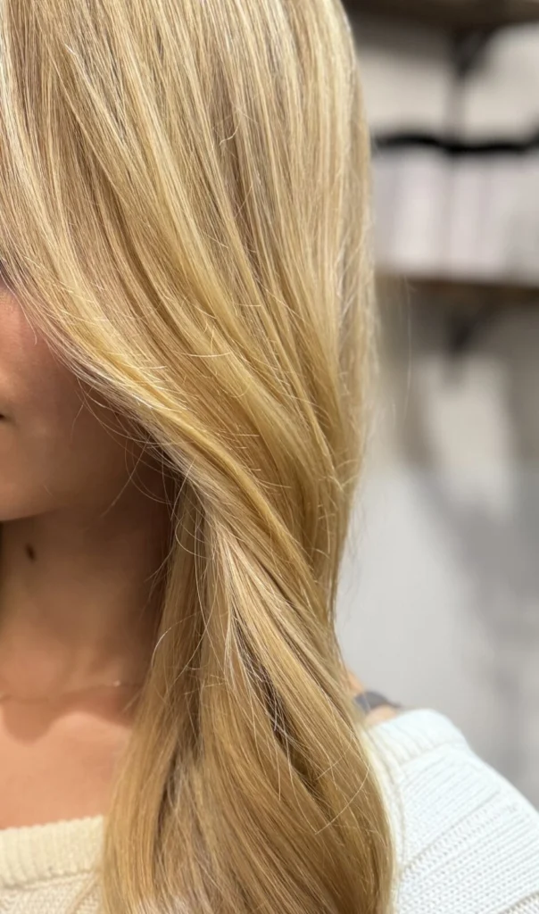 Long golden blonde hair falling over one shoulder